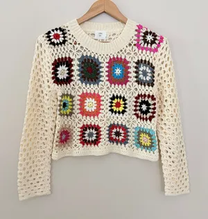 Luna Ivy Sweater Granny Square XS Cream Crochet Patchwork Boho Open Knit thumbnail 1