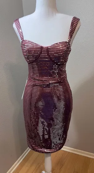 #730 Burgundy & Silver Square Sequins Mini BodyCon Dress - Size 0 (XS) thumbnail 1