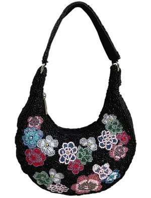 Studio 12 Black Beaded Floral Hobo Shoulder Bag Crescent Y2K Small Purse thumbnail 1