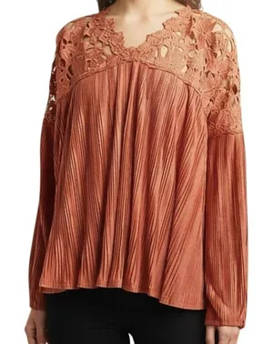 EXPRESS Dark Pumpkin Lace Embroidered Trim Belled‎ Sleeve Blouse M thumbnail 1