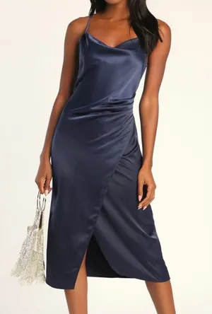 Lulu’s Hollywood Woman Navy Blue Satin Midi Dress thumbnail 1