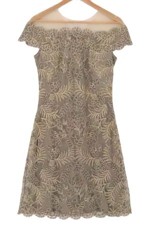 Tadashi Shoji Lace Illusion Cocktail Dress Size‎ 6 Taupe Gold Wedding Guest Lux thumbnail 1