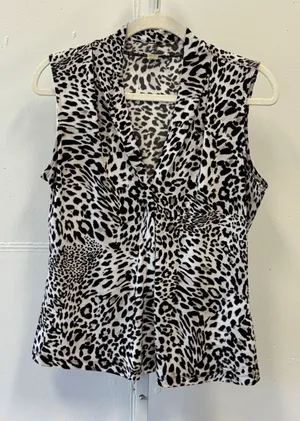 Calvin‎ Klein Leopard Animal Print Sleeveless V-Neck Blouse Top White Black Med thumbnail 1