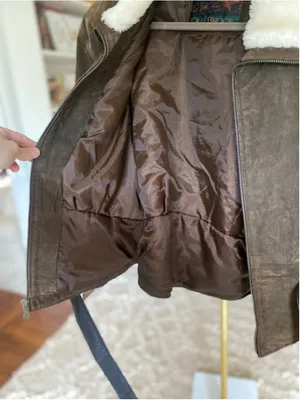 OutBrook M Brown Genuine Leather Shearling Collar Belted Aviator Moto Jacket Y2K thumbnail 4