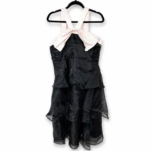 NEW Lulus Black Glamour Organza Tiered Cream Oversized Bow Midi Cocktail Dress thumbnail 6