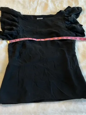 Ann Taylor black silk blouse ruffle flutter short sleeves size S minimalist thumbnail 8