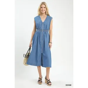 Umgee‎ Denim Sleeveless Zip-Front Smocked Waist Midi Dress - Small thumbnail 4