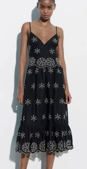 ZARA SIZE M WOMEN Embroidered Dress Black HALTER NECK thumbnail 1
