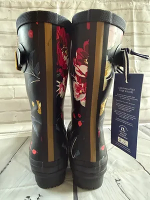Joules Black Floral Waterproof Women's Rain Boots with Gold Buckle thumbnail 5