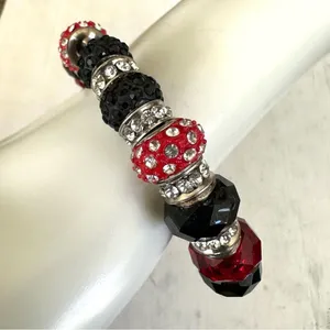 Silver tone black red and silver rhinestone beaded bracelet thumbnail 1