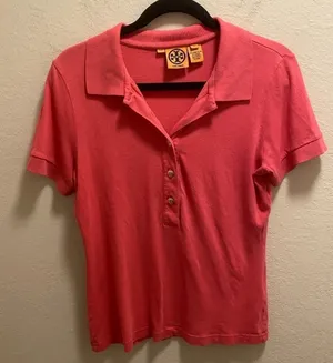 Tory Burch Pink Short Sleeve Polo Shirt With Gold Logo Buttons thumbnail 1