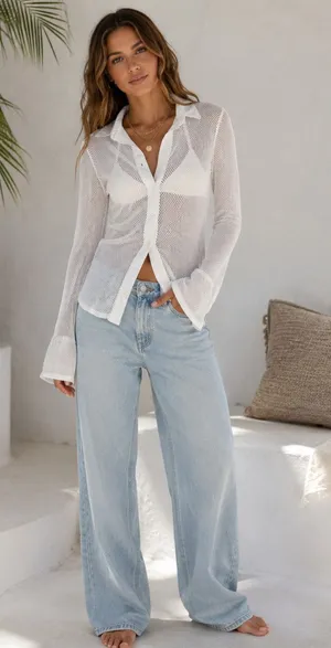 Free People White Crochet Long Sleeve Blouse Womens S Festival Boho Sheer Beachy thumbnail 1