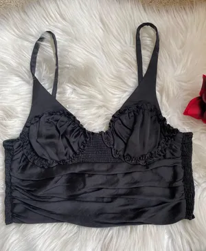 ZARA Black Satin Ruched Crop Top thumbnail 3