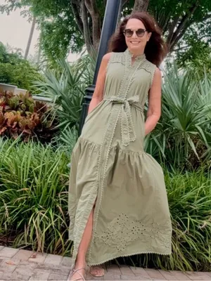 AVEC LES FILLES Eyelet Cotton Button Down Sage Green Maxi Dress thumbnail 2