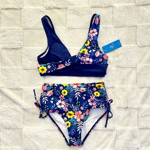 New CUPSHE Ruched Cinch Side Bottom Twist Front Blue Floral Beach Boho Bikini Sm thumbnail 2