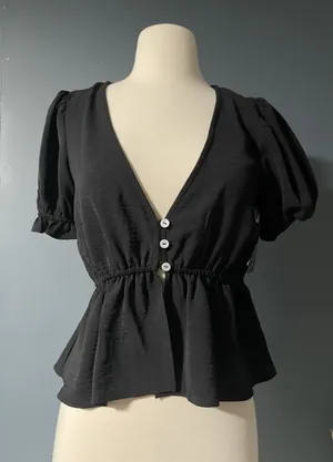Melrose and Market Black V Neck Peplum‎ Top Puff Sleeve Button Front XS thumbnail 1