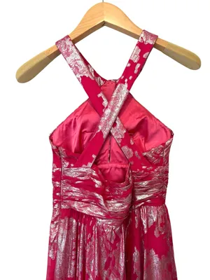 Aidan Mattox Pink Silk Silver Metallic Halter Gown Size 4 thumbnail 4