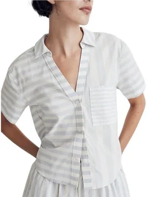 Madewell Cropped Y-Neck Button Up Shirt in Weathered Blue Mixed Stripe Size XS thumbnail 1