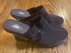 Dr. Scholl's PRIMID Brown Suede Leather Wedge Clog Mules Shoes Size 9M thumbnail 1