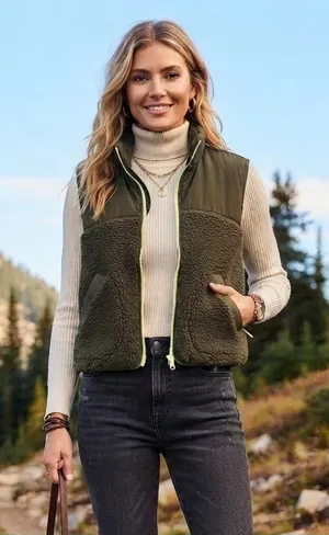 Old Navy Cropped Olive Green Sherpa Vest with Quilted Yoke and Zip Trim thumbnail 1