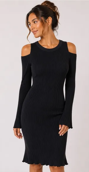 LNA‎ Black Ribbed Cold Shoulder Bodycon Midi Dress Minimalist USA Made L thumbnail 1