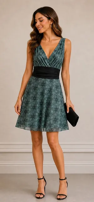 London Times Teal Black Geometric Print Cocktail‎ Dress Ruched Waist Tie 10 thumbnail 1