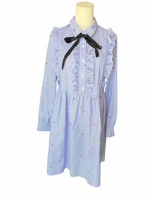 English Factory - Blue Pinstripe Floral Embroidered Ruffle Bow Dress Sz S thumbnail 2