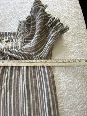 Studio West Brown Multi-Stripe Square Neck Peasant Blouse Linen and Cotton Blend thumbnail 11