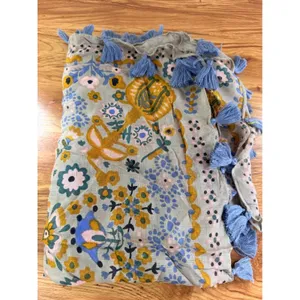 Natural Life Floral Tassel Scarf Boho Lightweight Rayon Wrap Tan Blue NEW thumbnail 6