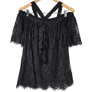 Chelsea 28 Black Lace Off Shoulder Crisscross Neck Ruffle Blouse‎ Top S thumbnail 2