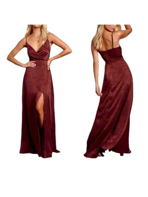Lulus Burgundy Satin Maxi Dress Size XS NWT Wedding Pom Concert Party Pom thumbnail 2