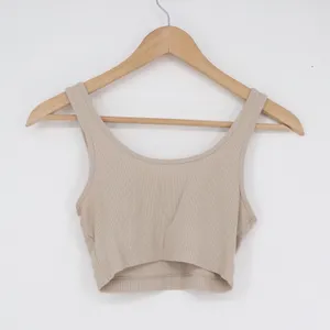 Beige Ribbed Knit Sleeveless Scoop Neck Crop Top Minimalist Neutral Slim Fit thumbnail 2