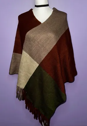 NEW Boutique Color Block Poncho with Fringe thumbnail 1