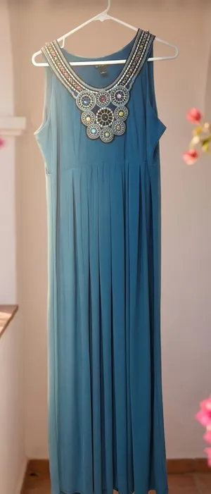 New Direction Teal Maxi Dress with Beaded Embellished Yoke thumbnail 1