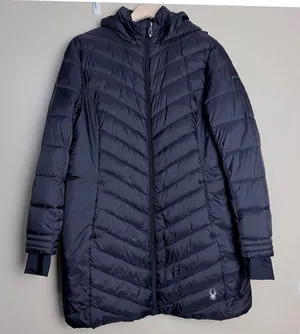 Spyder Puffer Jacket Women's Winter Long Hooded Full Zip Quilted Large Black thumbnail 1