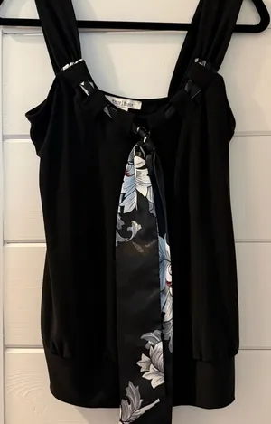 White House Black Market Black Camisole with Floral Satin Neck Tie thumbnail 1