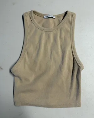 Zara Cream Ribbed Knit Cropped High Neck Tank Top Size Medium euc thumbnail 1