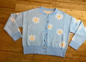 Womens Floral sky Blue Long Sleeve Ribbed Neckline Casual Sweater/Cardigan|Sz:S thumbnail 6