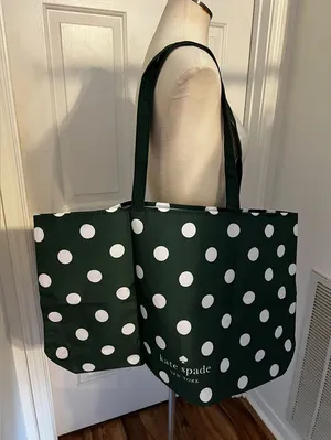Kate Spade Large Reusable Foldable Green Polka Dot Canvas Tote Bag NEW thumbnail 1