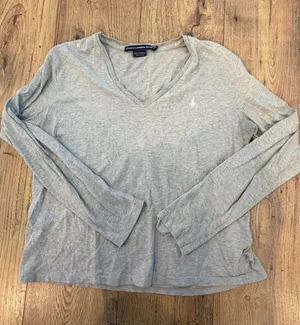 Ralph Lauren Sport Gray Long Sleeve V-Neck T-Shirt with White Pony Logo thumbnail 1