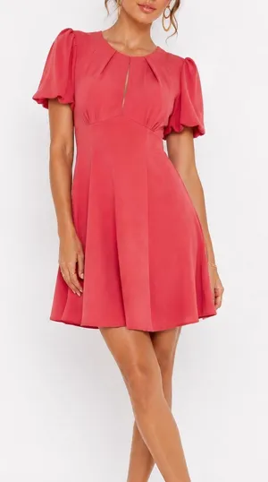 City Studio Womens S Pink Jacquard Puff Sleeve Open Back Tie A Line Dress thumbnail 1