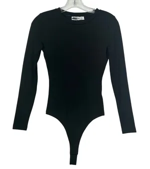 Elodie Womens Ribbed Long Sleeve Thong‎ Bodysuit Black Crew Neck XS CTSR1309 thumbnail 1