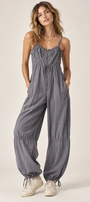 Free People Anthropologie Gray Utility Jumpsuit Sz S Ruched Bust Parachute Pants thumbnail 1