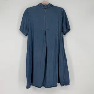 Aqua Chambray Denim Shirt Dress Embroidered‎ Floral Button Front S Boho Casual thumbnail 2