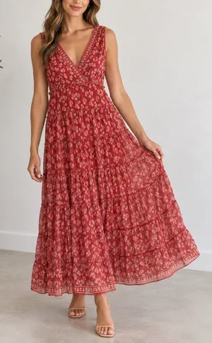 Max Studio Red Floral Tiered Maxi Stretch Dress Sleeveless Stretchy Boho thumbnail 1