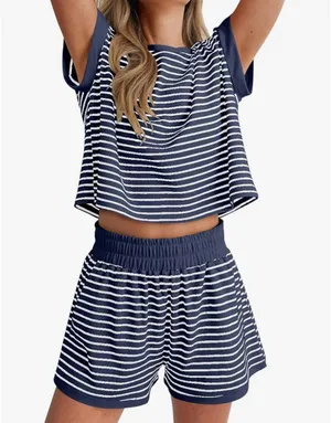 Amazon Womens 2 Piece Ribbed Striped Knit Pajama Set, Short Sleeve Top & Lounge Shorts thumbnail 1