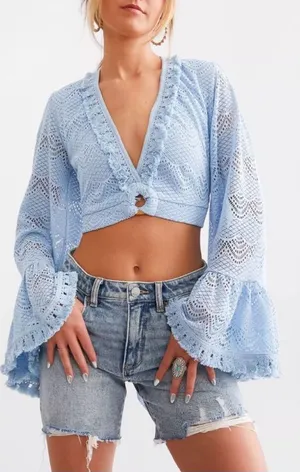 Buckle’s Willow & Root Chambray Blue Crochet Fringed Boho Bell Sleeve Crop Top M thumbnail 1