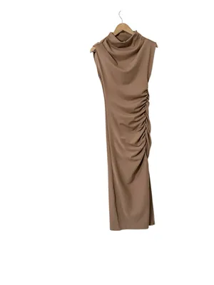 ANTHROPOLOGIE Maya Ruched Cowl Tan Sleeveless Slit Midi Dress thumbnail 4