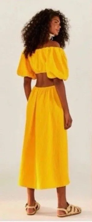 FARM RIO Midriff Dress Size S Yellow Puff Sleeve Off Shoulder Knotted Boho thumbnail 1