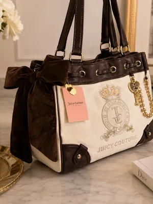 Juicy Couture Daydreamer Velour Tote Brown Cream Crown Crest NWT thumbnail 3